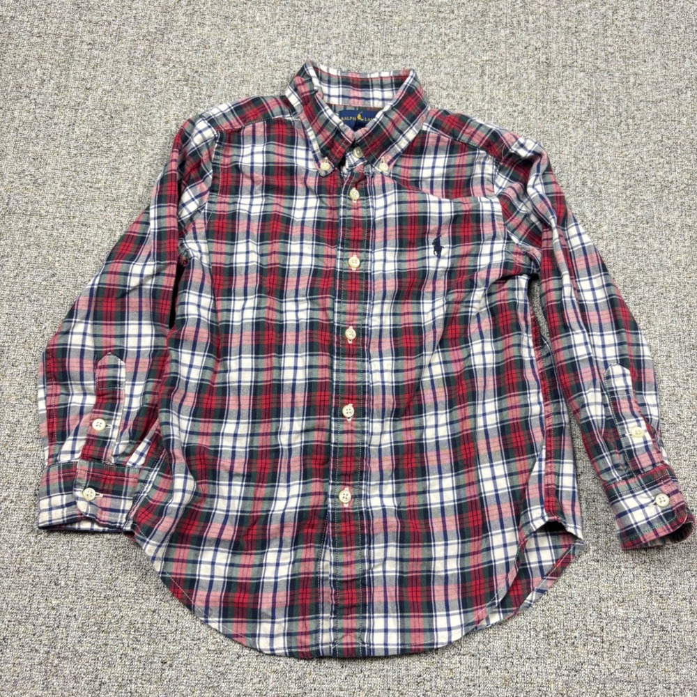 Ralph Lauren Boys Red Plaid Button Down Shirt Long Sleeve Cotton Size 4 4T Pony